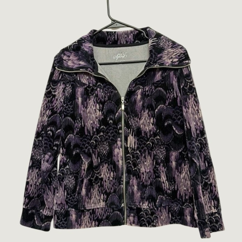 Style & Co Sport Womens Purple Black Abstract Full Zip Fleece Jacket Medium M